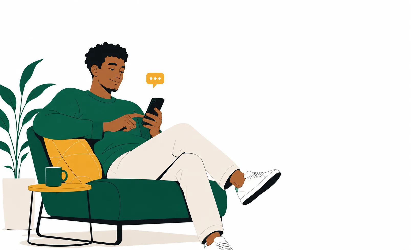 A man relaxed in an armchair, sending money with one casual tap on his phone